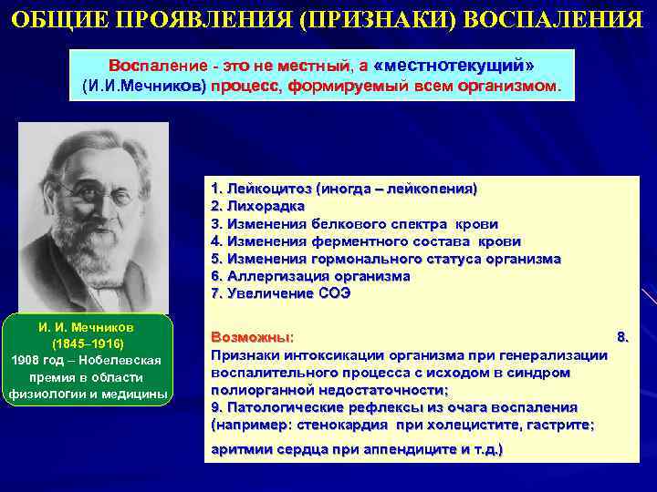 ОБЩИЕ ПРОЯВЛЕНИЯ (ПРИЗНАКИ) ВОСПАЛЕНИЯ Воспаление - это не местный, а «местнотекущий» (И. И. Мечников)