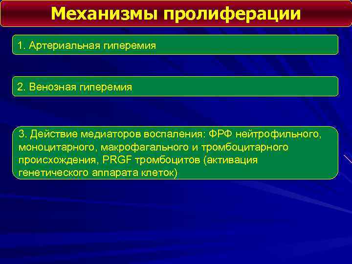 Механизмы пролиферации 1. Артериальная гиперемия 2. Венозная гиперемия 3. Действие медиаторов воспаления: ФРФ нейтрофильного,