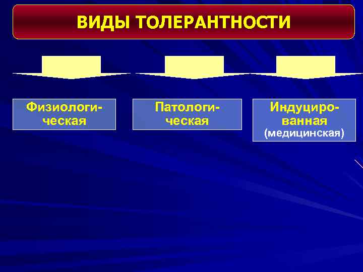 ВИДЫ ТОЛЕРАНТНОСТИ Физиологическая Патологическая Индуцированная (медицинская) 