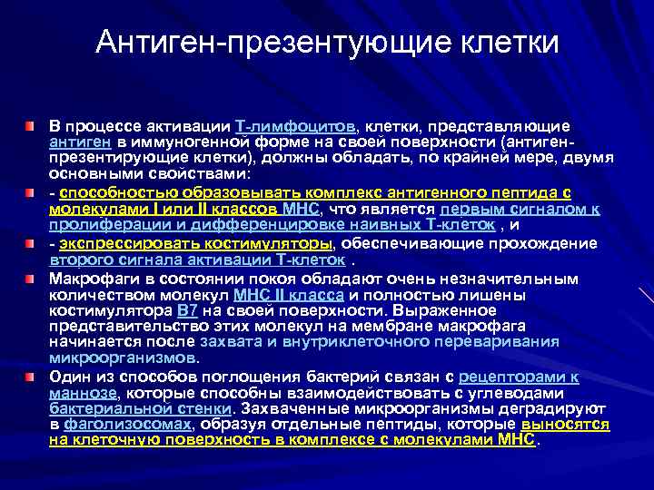 Антиген-презентующие клетки В процессе активации T-лимфоцитов, клетки, представляющие антиген в иммуногенной форме на своей