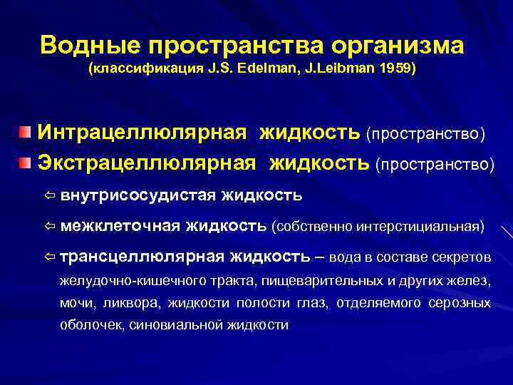 Водные пространства организма (классификация J. S. Edelman, J. Leibman 1959) Интрацеллюлярная жидкость (пространство) Экстрацеллюлярная