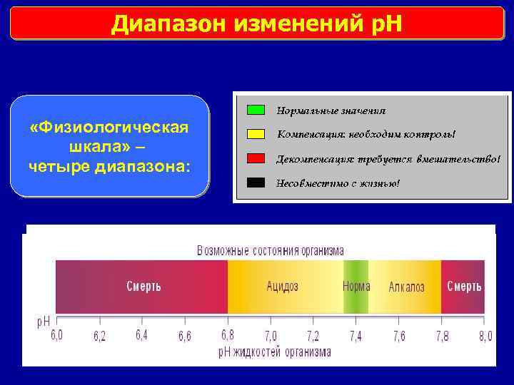 Диапазон изменений p. H «Физиологическая шкала» – четыре диапазона: 
