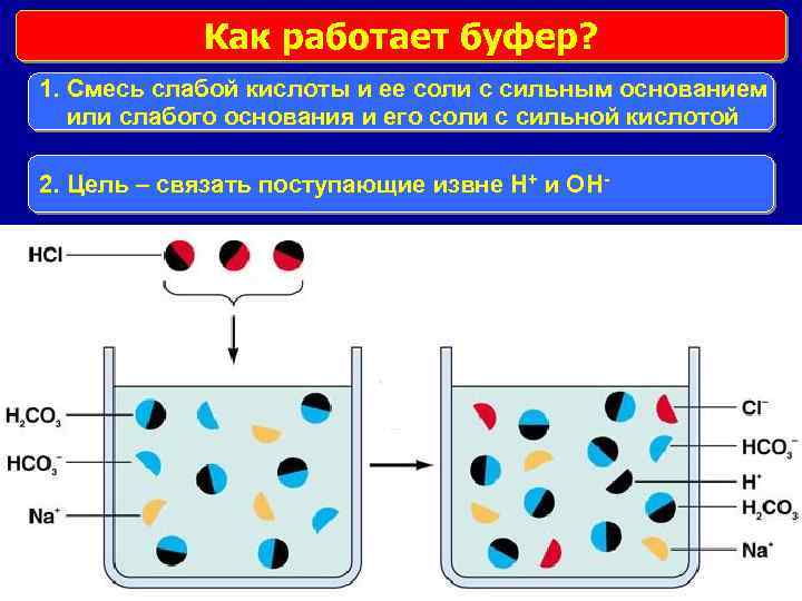 Как работает буфер? 1. Смесь слабой кислоты и ее соли с сильным основанием или