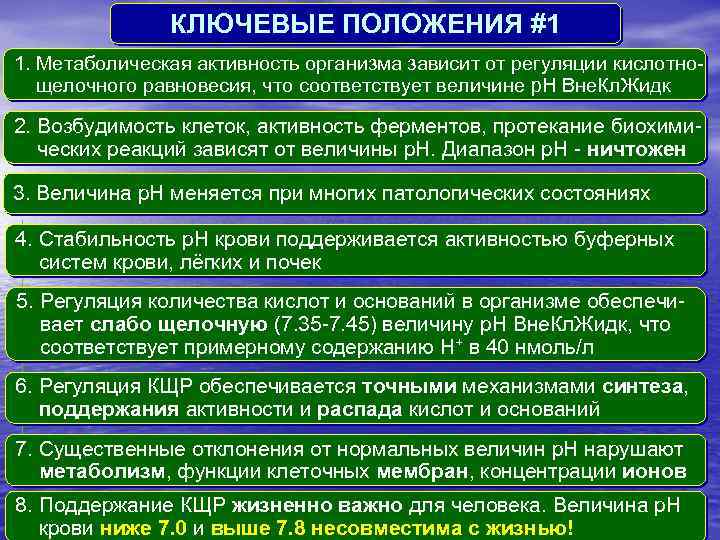 КЛЮЧЕВЫЕ ПОЛОЖЕНИЯ #1 1. Метаболическая активность организма зависит от регуляции кислотнощелочного равновесия, что соответствует