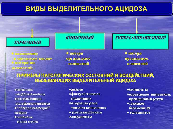 ВИДЫ ВЫДЕЛИТЕЛЬНОГО АЦИДОЗА ПОЧЕЧНЫЙ накопление в организме кислот потеря им оснований КИШЕЧНЫЙ потеря организмом