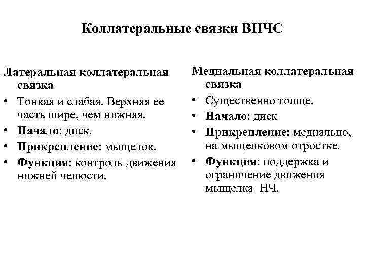 Коллатеральные связки ВНЧС Латеральная коллатеральная связка • Тонкая и слабая. Верхняя ее часть шире,