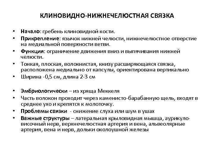 КЛИНОВИДНО-НИЖНЕЧЕЛЮСТНАЯ СВЯЗКА • Начало: гребень клиновидной кости. • Прикрепление: язычок нижней челюсти, нижнечелюстное отверстие
