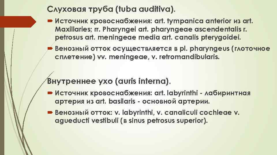 Слуховая труба (tuba auditiva). Источник кровоснабжения: art. tympanica anterior из art. Maxillaries; rr. Pharyngei