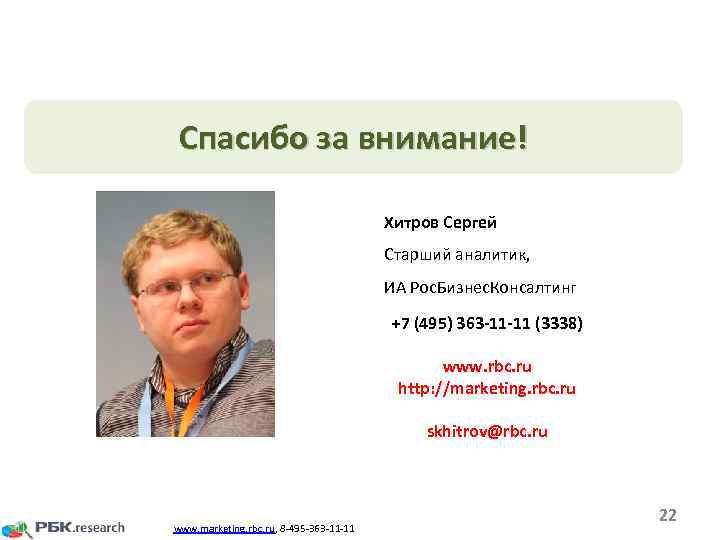 Спасибо за внимание! Хитров Сергей Старший аналитик, ИА Рос. Бизнес. Консалтинг +7 (495) 363