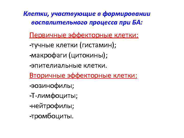 Клетки, участвующие в формировании воспалительного процесса при БА: Первичные эффекторные клетки: тучные клетки (гистамин);