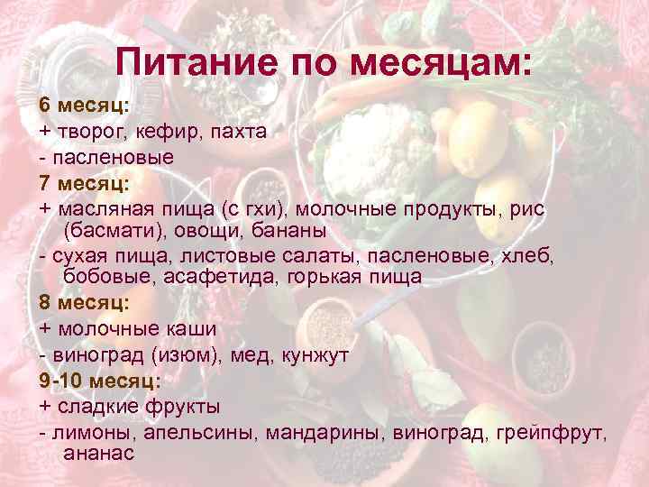 Питание по месяцам: 6 месяц: + творог, кефир, пахта - пасленовые 7 месяц: +