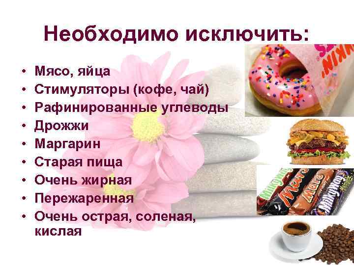 Необходимо исключить: • • • Мясо, яйца Стимуляторы (кофе, чай) Рафинированные углеводы Дрожжи Маргарин