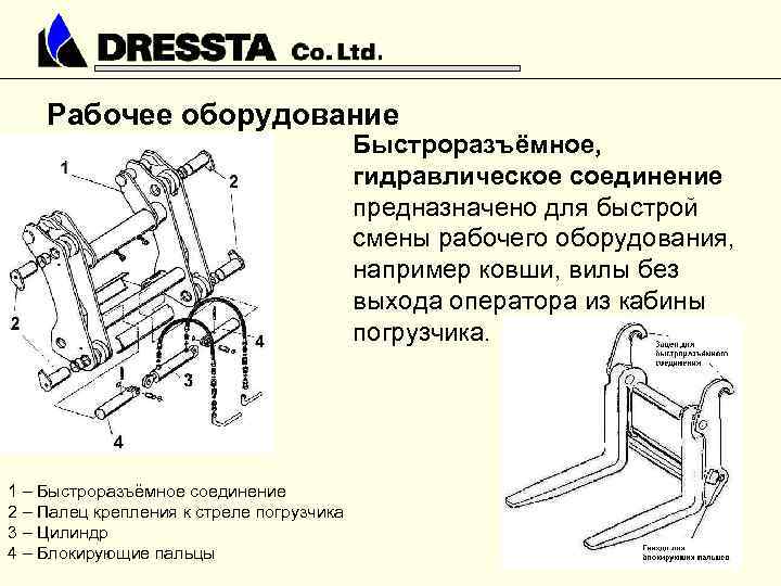 Рабочее оборудование Быстроразъёмное, гидравлическое соединение предназначено для быстрой смены рабочего оборудования, например ковши, вилы