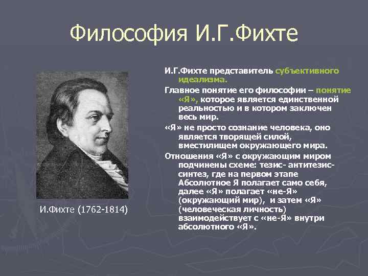 Философия И. Г. Фихте И. Фихте (1762 -1814) И. Г. Фихте представитель субъективного идеализма.