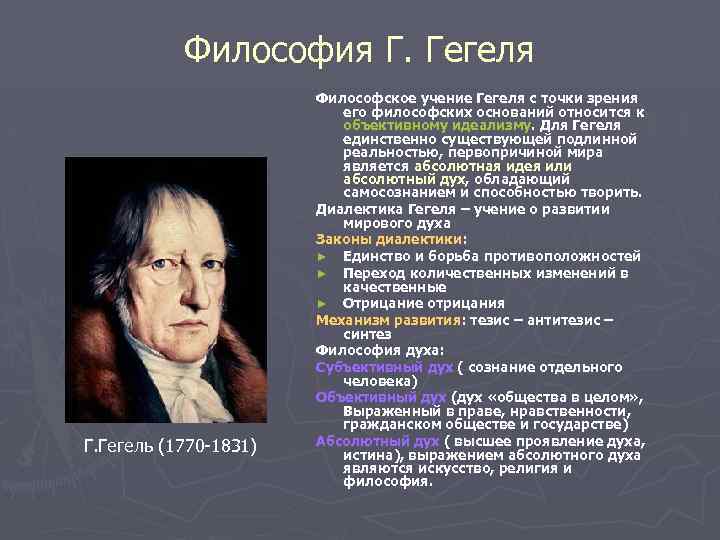 Философия Г. Гегель (1770 -1831) Философское учение Гегеля с точки зрения его философских оснований