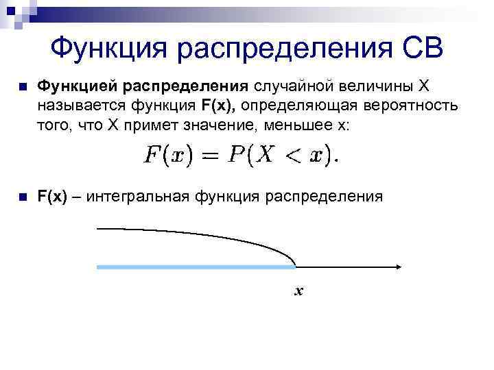 Функция распределения СВ n Функцией распределения случайной величины Х называется функция F(x), определяющая вероятность