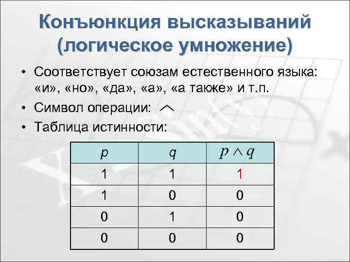 Обозначение операции логического умножения. Логическое умножение таблица истинности. Таблица истинности конъюнкции. Конъюнкция это логическое умножение. Конъюнкция высказываний.