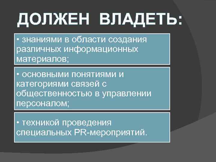 ДОЛЖЕН ВЛАДЕТЬ: • знаниями в области создания различных информационных материалов; • основными понятиями и