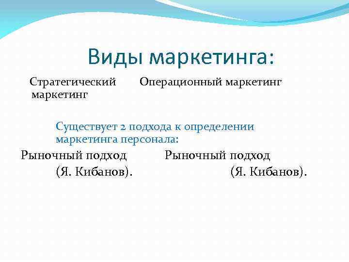 Виды маркетинга: Стратегический Операционный маркетинг маркетинг Существует 2 подхода к определении маркетинга персонала: Рыночный