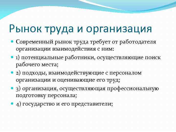 Рынок труда и организация Современный рынок труда требует от работодателя организации взаимодействия с ним: