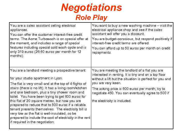 Negotiations Role Play You are a sales assistant selling electrical appliances. You can offer