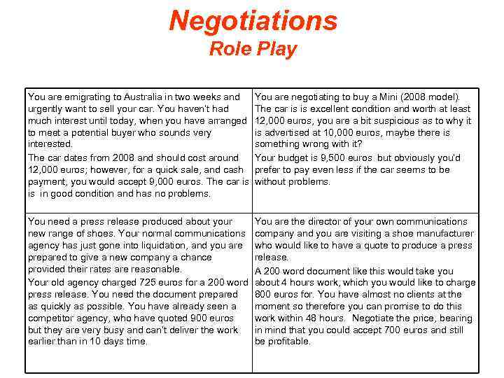 Negotiations Role Play You are emigrating to Australia in two weeks and You are