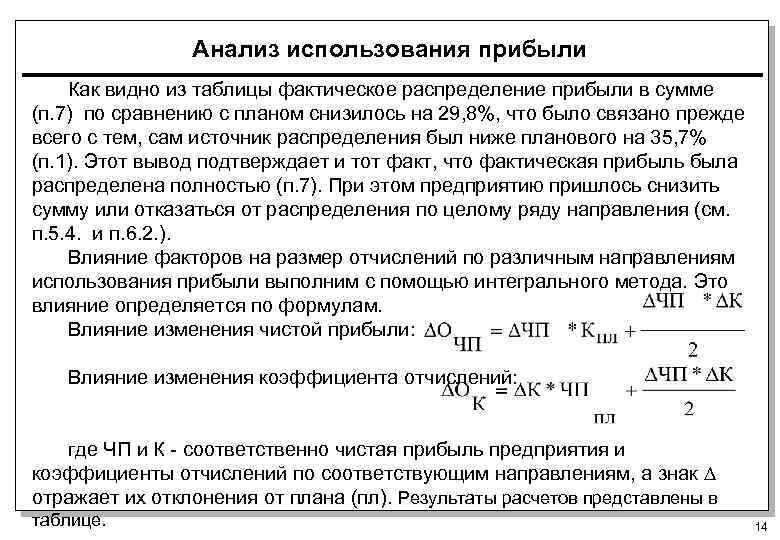Анализ использования прибыли Как видно из таблицы фактическое распределение прибыли в сумме (п. 7)