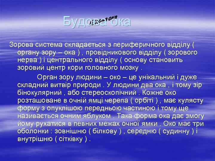 Будова ока Зорова система складається з периферичного відділу ( органу зору – ока )