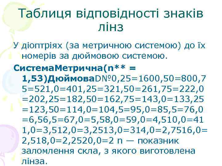 Таблиця відповідності знаків лінз У діоптріях (за метричною системою) до їх номерів за дюймовою