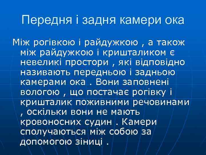 Передня і задня камери ока Між рогівкою і райдужкою , а також між райдужкою