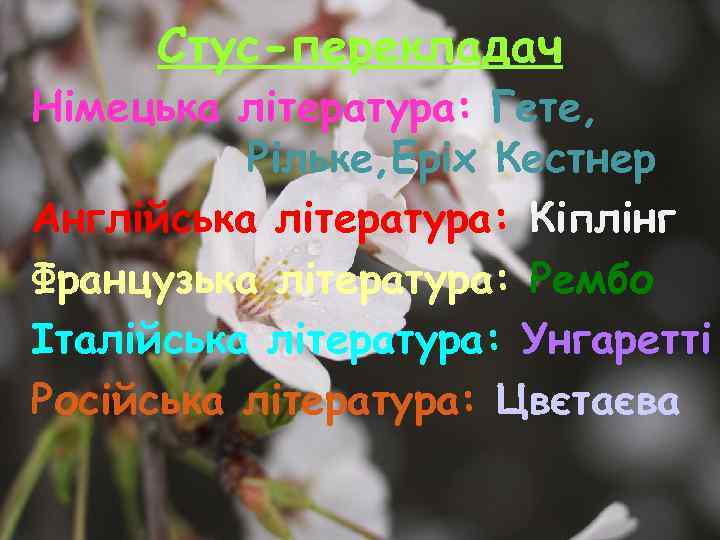 Стус-перекладач Німецька література: Гете, Рільке, Еріх Кестнер Англійська література: Кіплінг Французька література: Рембо Італійська