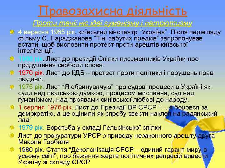 Правозахисна діяльність Проти течії ніс ідеї гуманізму і патріотизму 4 вересня 1965 рік, київський