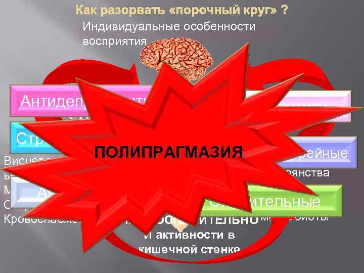 Антидепрессанты СТРЕСС Ось «мозг-кишечник» Как разорвать «порочный круг» ? Индивидуальные особенности восприятия Спазмолитики БОЛЬ