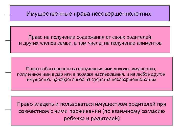 Имущественные права несовершеннолетних Право на получение содержания от своих родителей и других членов семьи,