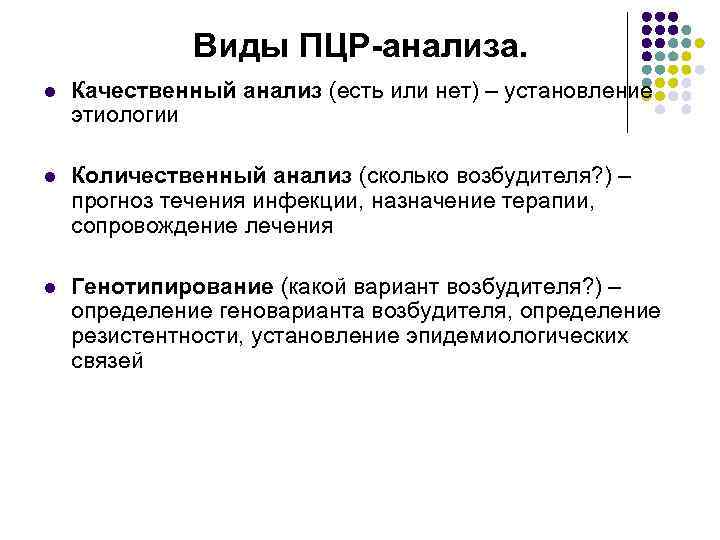 Виды ПЦР-анализа. l Качественный анализ (есть или нет) – установление этиологии l Количественный анализ