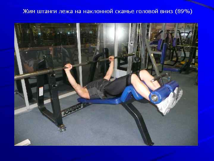 Жим штанги лежа на наклонной скамье головой вниз (89%) 