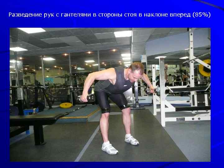 Разведение рук с гантелями в стороны стоя в наклоне вперед (85%) 