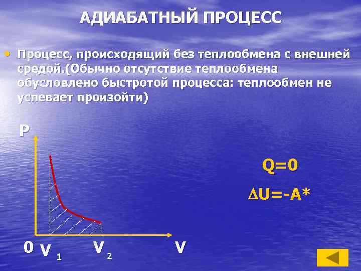 АДИАБАТНЫЙ ПРОЦЕСС • Процесс, происходящий без теплообмена с внешней средой. (Обычно отсутствие теплообмена обусловлено