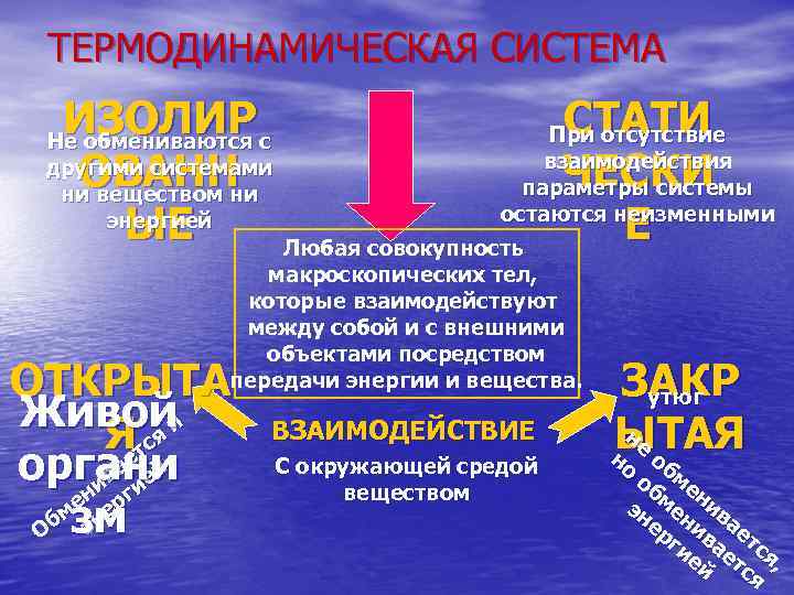 ТЕРМОДИНАМИЧЕСКАЯ СИСТЕМА ИЗОЛИР ОВАНН ЫЕ Не обмениваются с другими системами ни веществом ни энергией
