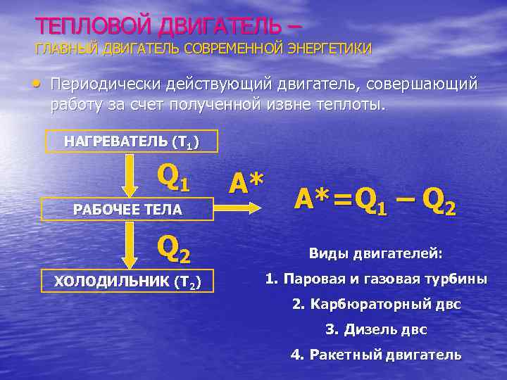 ТЕПЛОВОЙ ДВИГАТЕЛЬ – ГЛАВНЫЙ ДВИГАТЕЛЬ СОВРЕМЕННОЙ ЭНЕРГЕТИКИ • Периодически действующий двигатель, совершающий работу за