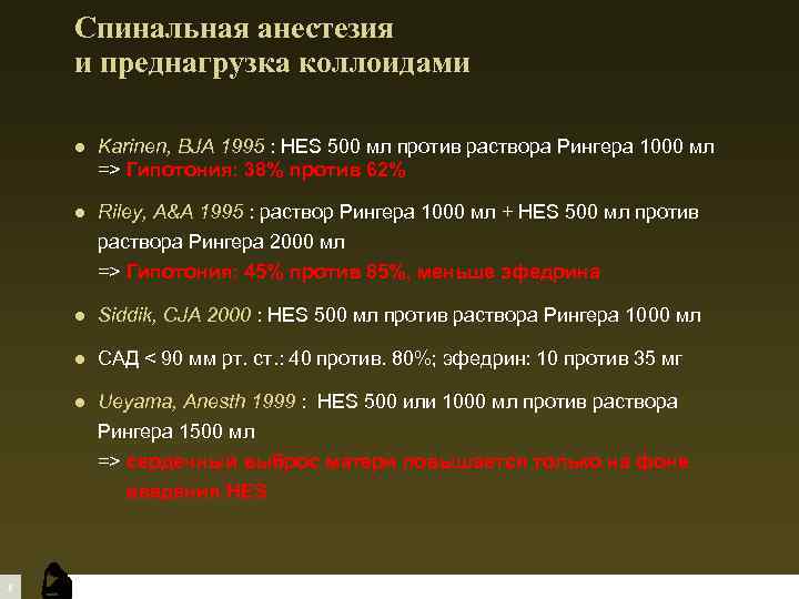 Спинальная анестезия и преднагрузка коллоидами l Karinen, BJA 1995 : HES 500 мл против