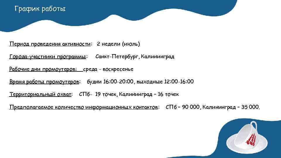 График работы Период проведения активности: 2 недели (июль) Города-участники программы: Рабочие дни промоутеров: среда