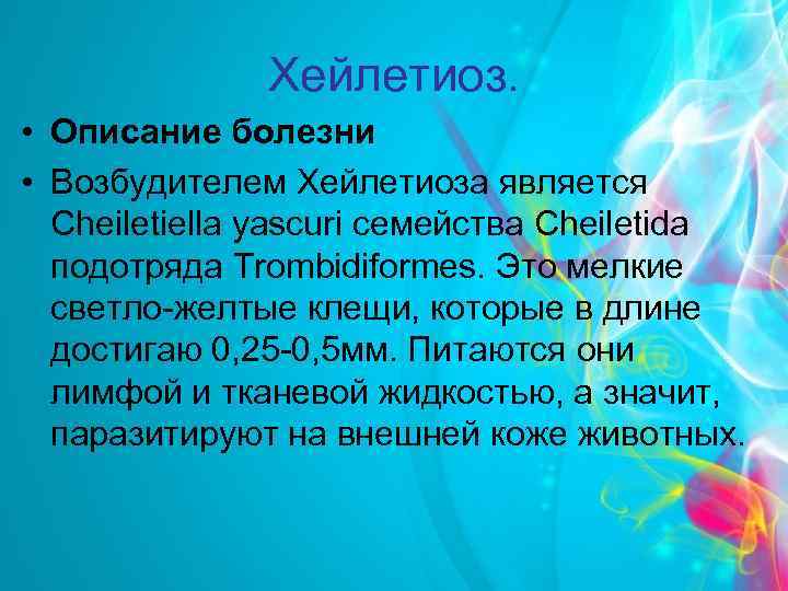 Хейлетиоз. • Описание болезни • Возбудителем Хейлетиоза является Cheiletiella yascuri семейства Cheiletida подотряда Trombidiformes.