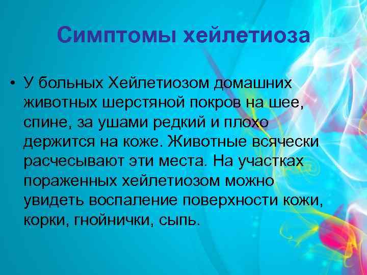 Симптомы хейлетиоза • У больных Хейлетиозом домашних животных шерстяной покров на шее, спине, за