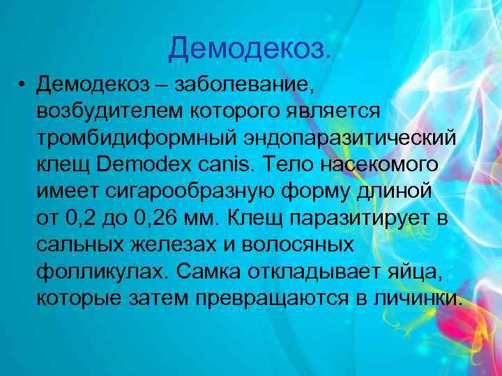 Демодекоз. • Демодекоз – заболевание, возбудителем которого является тромбидиформный эндопаразитический клещ Demodex canis. Тело