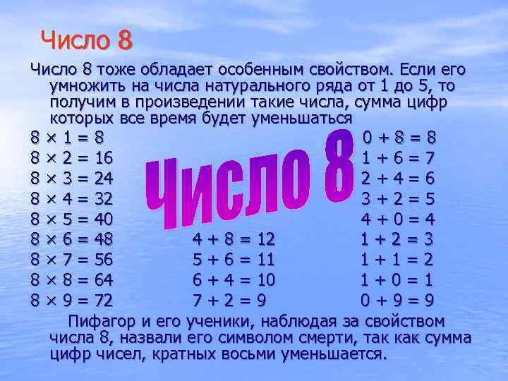 Число 8 тоже обладает особенным свойством. Если его умножить на числа натурального ряда от