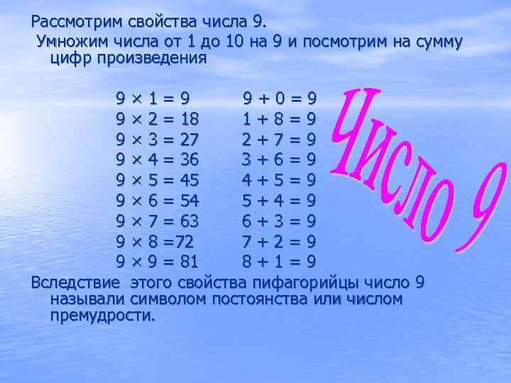 Рассмотрим свойства числа 9. Умножим числа от 1 до 10 на 9 и посмотрим