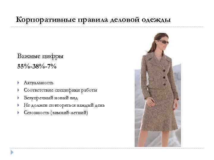 Корпоративные правила деловой одежды Важные цифры 55%-38%-7% Актуальность Соответствие специфики работы Безупречный новый вид