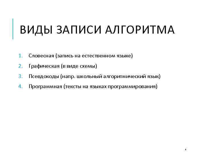 ВИДЫ ЗАПИСИ АЛГОРИТМА 1. Словесная (запись на естественном языке) 2. Графическая (в виде схемы)