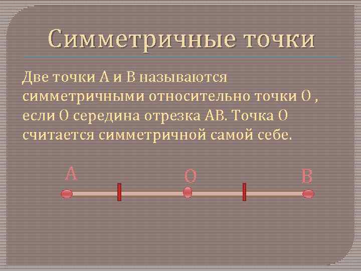 Симметричные точки Две точки А и В называются симметричными относительно точки О , если